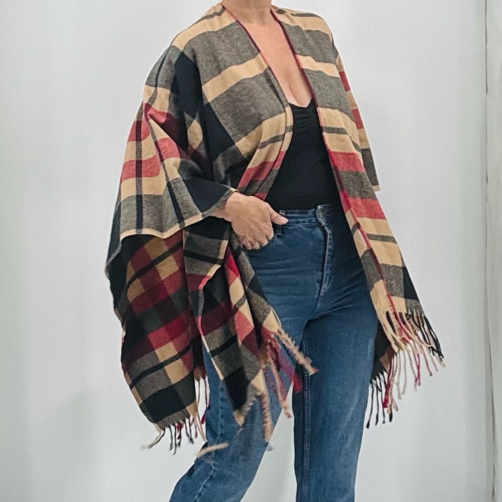Belle By Kim Gravel Holiday Tartan Plaid Fringe Blanket Cape Ruana Wrap Poncho